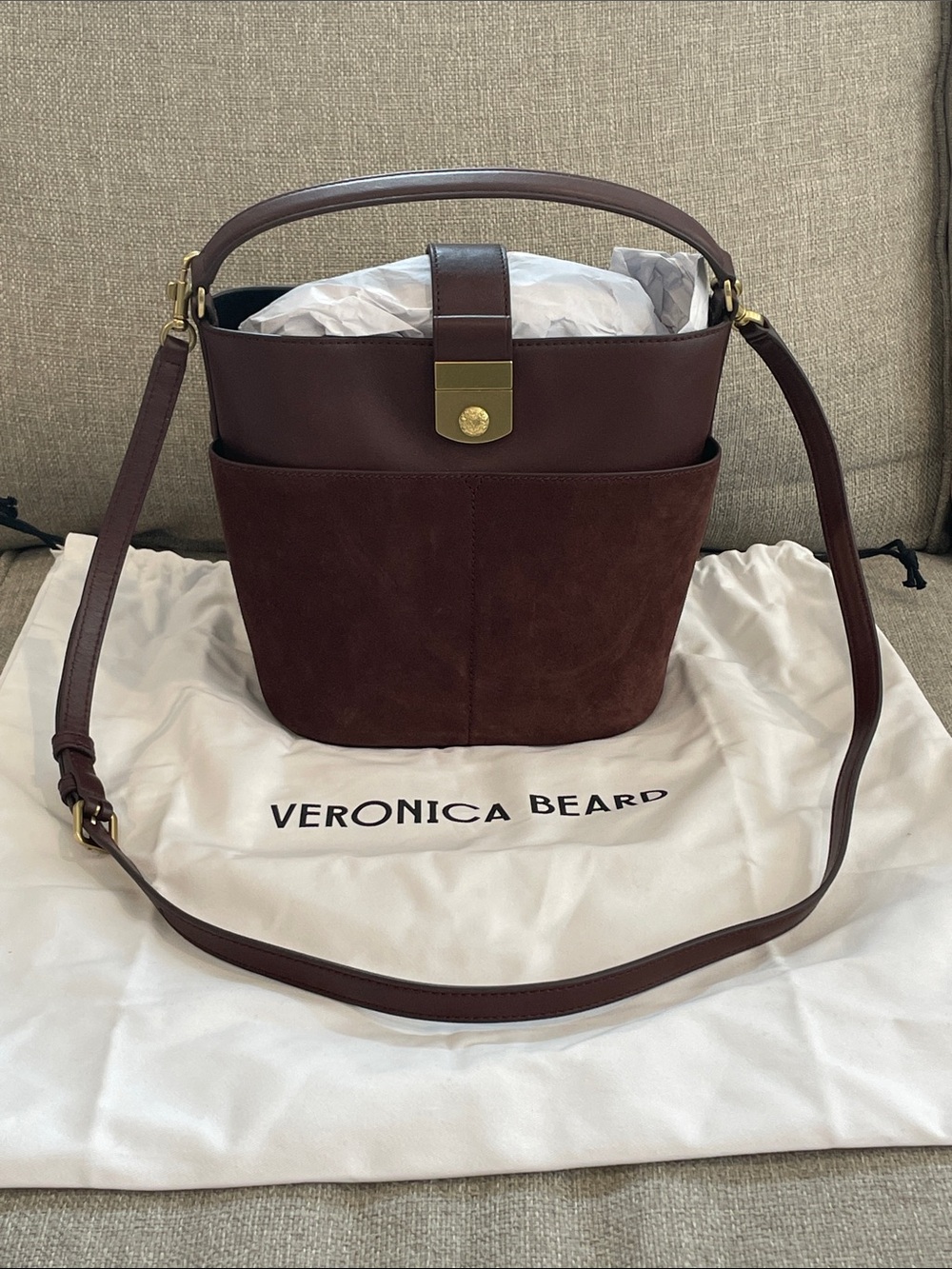 NWT Veronica Beard Small Crest Lock Suede Bucket